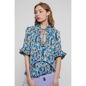 Ganni Floral Pleated Georgette Blouse Blue Green Pink Ruffle Neck Top Size Small